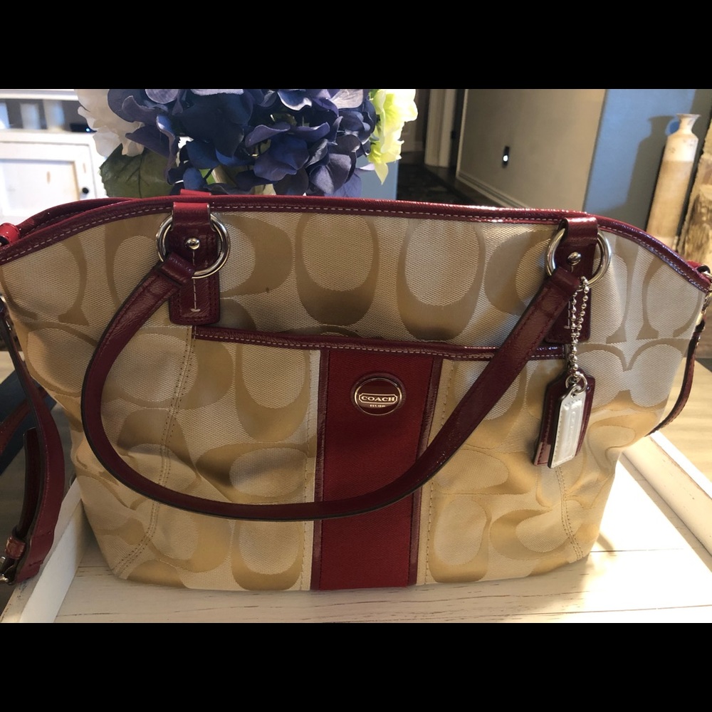 Beige and red Coach canvas bag